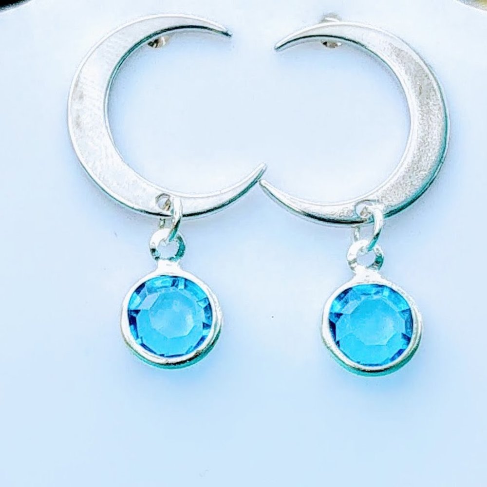 Silver Plated Crescent Moon Studs Blue Crystals